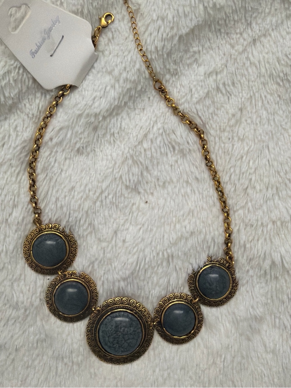 Gold-Tone Necklace with Slate Gray Stone Medallions - Unknown Brand